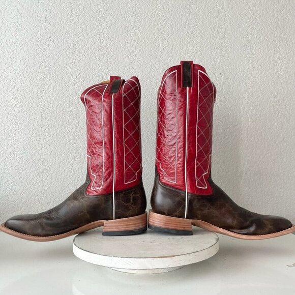 Rod Patrick Mens Cowboy Boots 14.5D Brown Mocha Bison Leather Square Toe Red Top - Picture 8 of 13